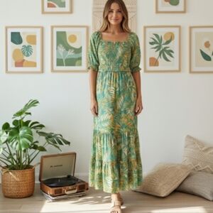 Betsey Johnson Maxi Dress Square Neck Puff Sleeves Tropical Pepper Green